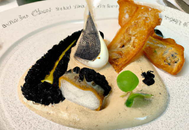 Cabillaud au caviar d'aubergine, huîtres de Normandie frites, crème de vodka