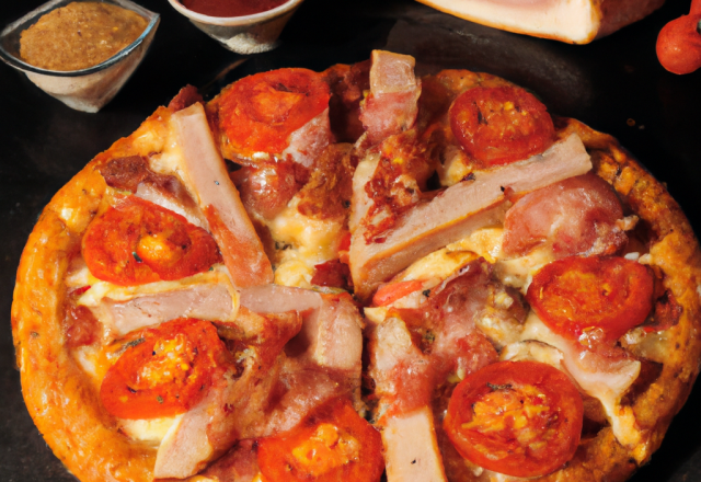 Pizza dinde, jambon, fromages, tomate