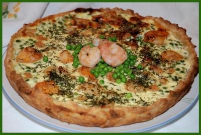 Tarte aux petits pois et aux crevettes