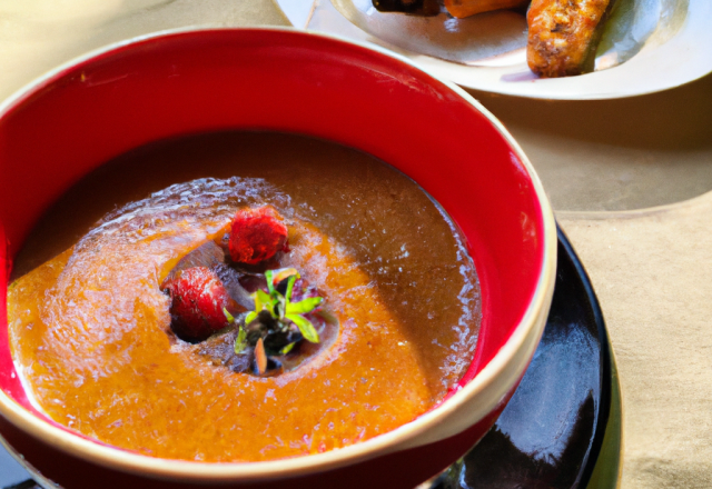 Crème brûlée aux morilles et sa soupe de fraise au basilic avec un croustillant de pain perdu