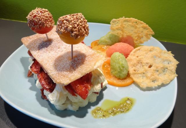 Du soleil dans l'assiette, sorbets aux tomates et mille-feuille citron-basilic-tomate à l'huile d'olive de Nyons AOP