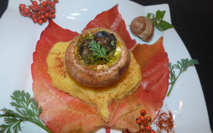 Escargots en coquilles de cèpes sur cœur de polenta à l'ail des ours