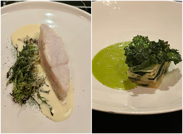 Lieu jaune et salade cuite / foie de lotte façon foie gras