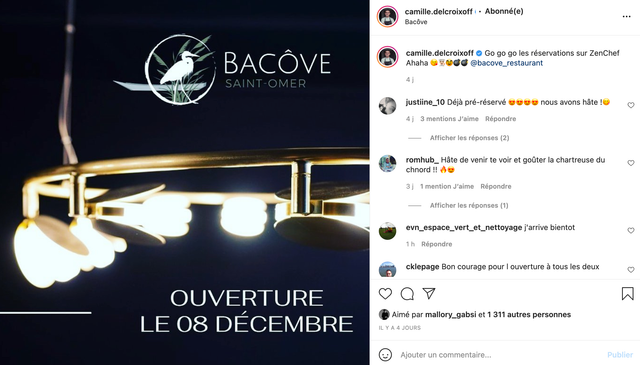 Camille Delcroix ouvre son restaurant - Instagram 