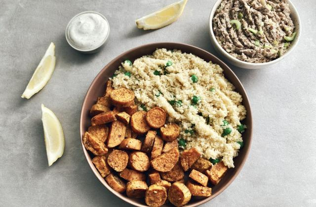 Patates douces rôties, semoule aux petits pois et rillettes de sardines. 750g 
