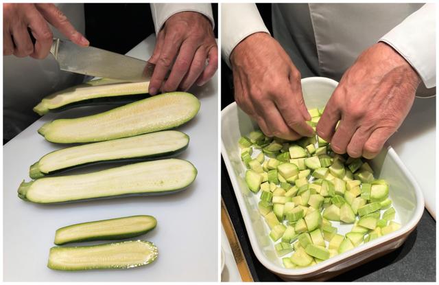 Au milieu, courgette de taille idéale, en haut, on voit la présence de plus de graines à la place de la chair