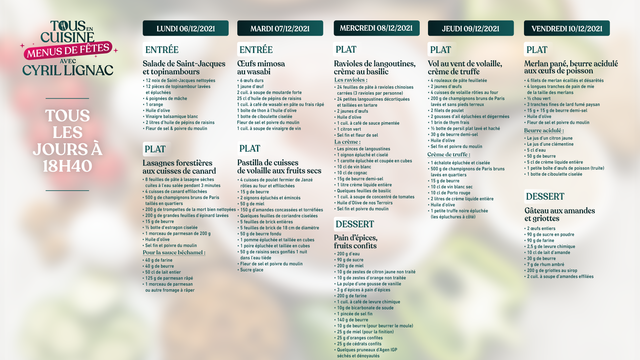 Tous en cuisine spécial Menus de fêtes avec Cyril Lignac : la liste des ingrédients du 6 au 10 décembre