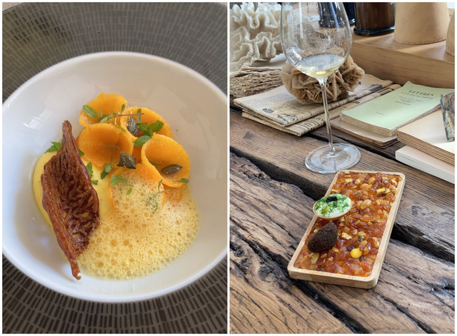 A droite, bonbon à l’ail rosé en chapelure de pain et tartelette à l'émulsion de lait ribot et chouchen / Pascale Weeks