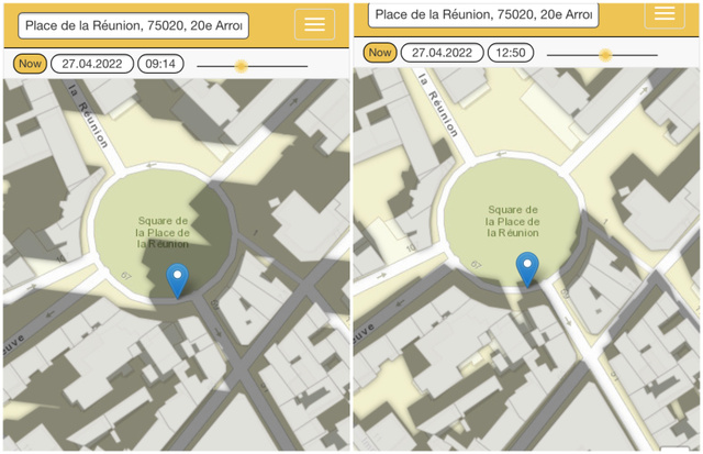 La même place à 2 moments de la journée avec un jeu d'ombres et de lumières