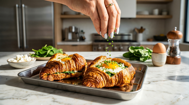 La recette du croissant farci aux épinards, oeufs et féta, parfaite pour le brunch