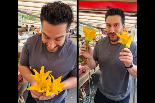 Denny Imbroisi avec les fleurs de courgettes - © Silvia Santucci