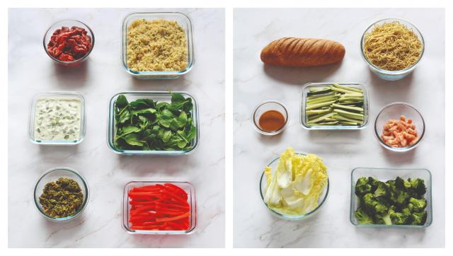 Les bases à préparer : Chou chinois, Lanières de poivrons et de courgettes, Pousses d’épinards, Brocoli vapeur, Sauce salade à l’amande, Raïta de concombre, Nouilles chinoises, Boulgour à la ciboulette, Bœuf mariné, Sauce pour pâtes, Crevettes et Pain complet