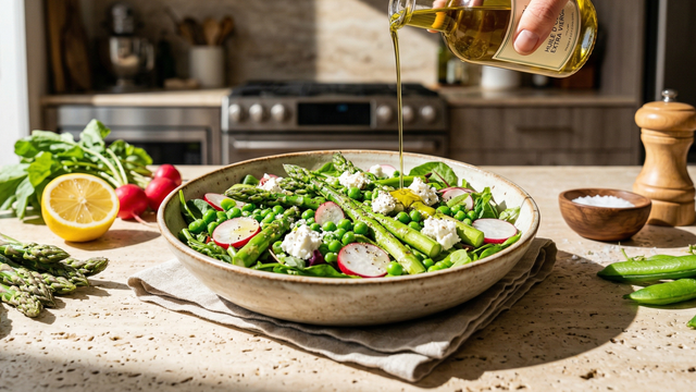 Cette savoureuse salade printanière aux asperges et au chèvre est la solution idéale pour un déjeuner express
