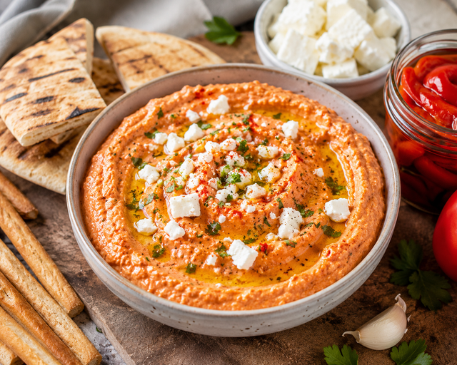 Apéro d’été : prête en 2 minutes chrono, cette crème de poivron et feta est la nouvelle star incontournable qui détrône le houmous