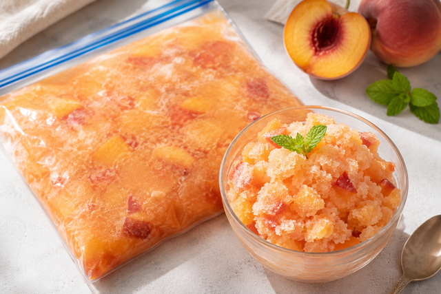 1 sac congélation et 3 pêches : le secret du dessert givré le plus rapide du monde (sans sorbetière, ni blender)