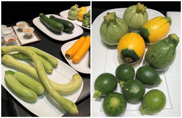 Courgettes longues à gauche dont une courgette trompette et courgettes rondes à droite