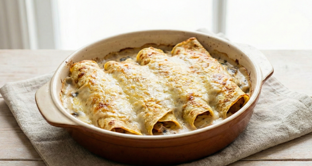 Le plat parfait du dimanche soir : des crêpes fourées aux tranches végé, béchamel et champignons
