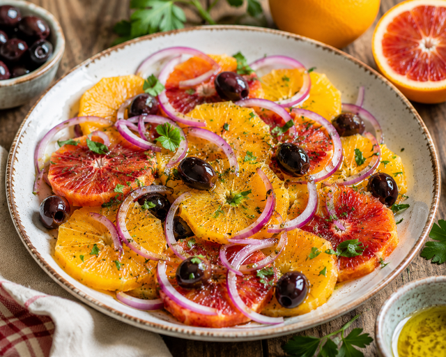 Marre de la salade de tomates ? Misez sur l’Insalata di Arance, ce plat sicilien à l’orange, olives et oignon rouge qui est une merveille de fraîcheur !