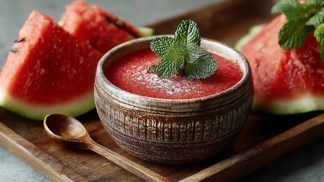 Pour le dessert, misez sur le gaspacho en version sucrée à base de fraise et de pastèque, voici la recette !
