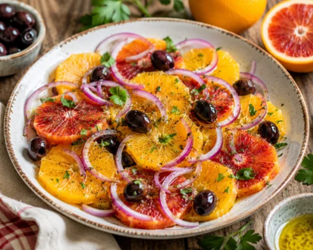 Marre de la salade de tomates ? Misez sur l’Insalata di Arance, ce plat sicilien à l’orange, olives et oignon rouge qui est une merveille de fraîcheur !