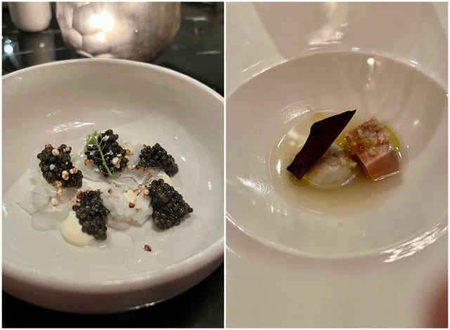 Caviar français, riz à sushi et sobacha / Foie de lotte façon foie gras 