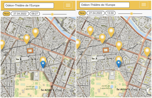 Place de l'Odéon Paris à 2 moments de la journée avec + ou - de terrasses au soleil